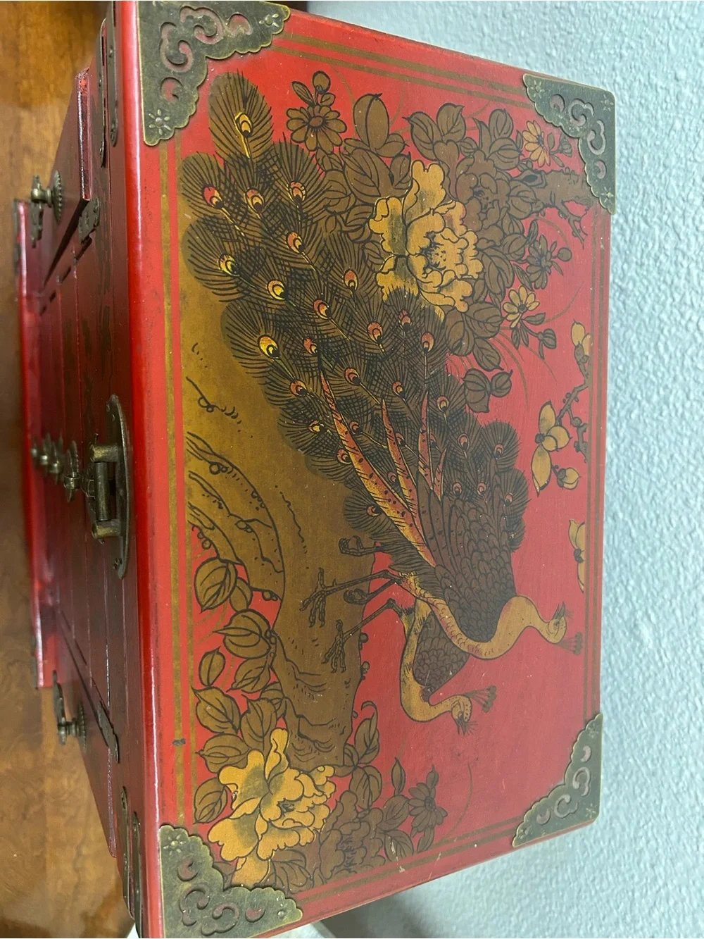 vintage Chinese-style red lacquered wooden jewelry chest ornate brass-toned